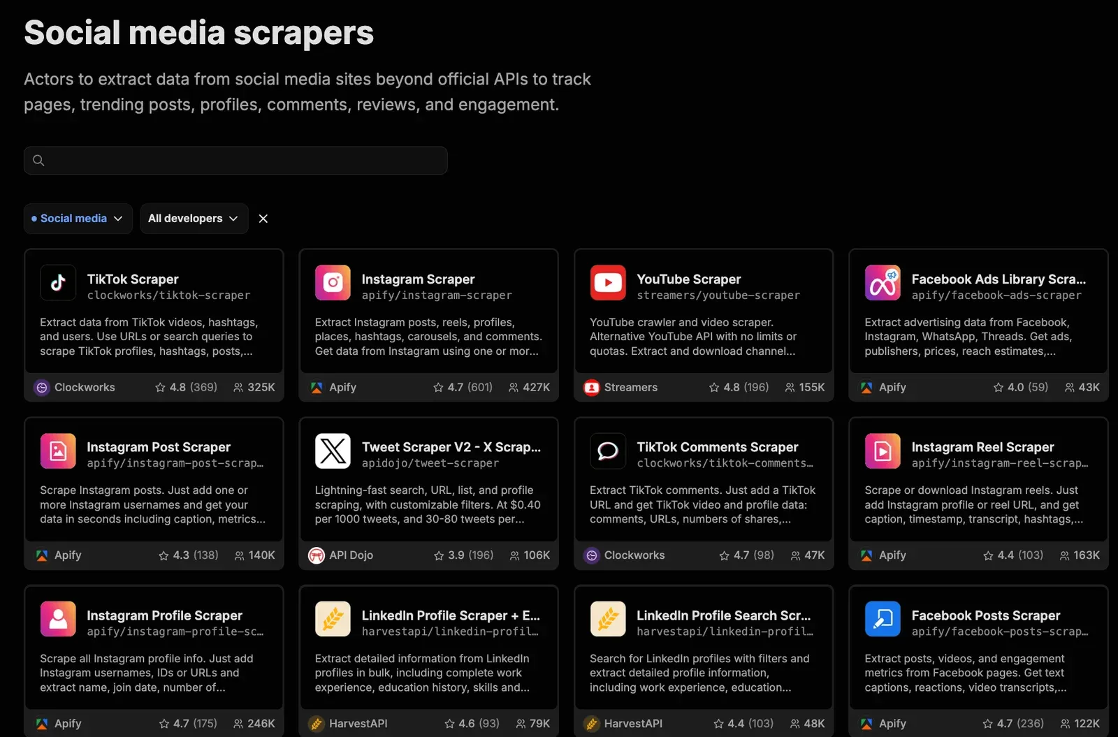 Social media scrapers in Apify Store