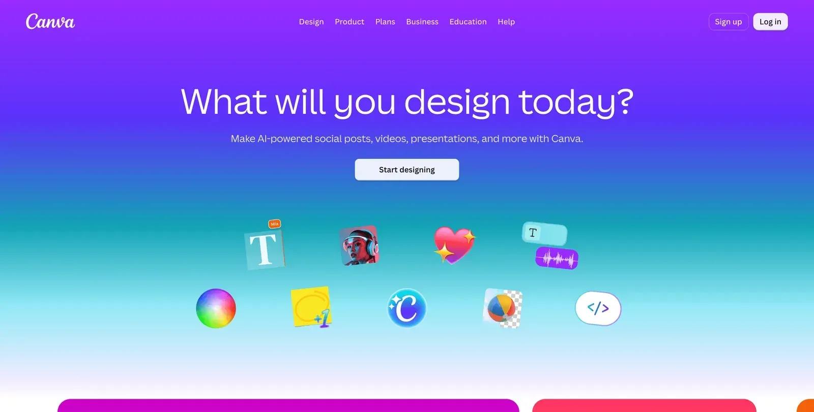 Canva homepage with the headline "What will you design today?" and a "Start designing" button