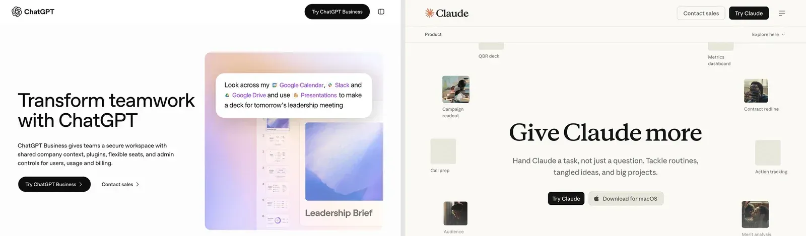 ChatGPT Business and Claude product pages side by side, with headlines "Transform teamwork with ChatGPT" and "Give Claude more"