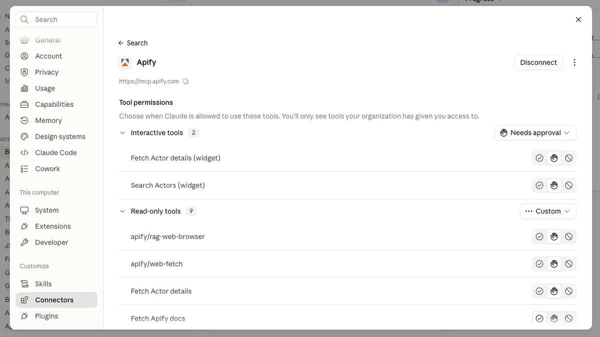 Apify connector tool permissions in Claude