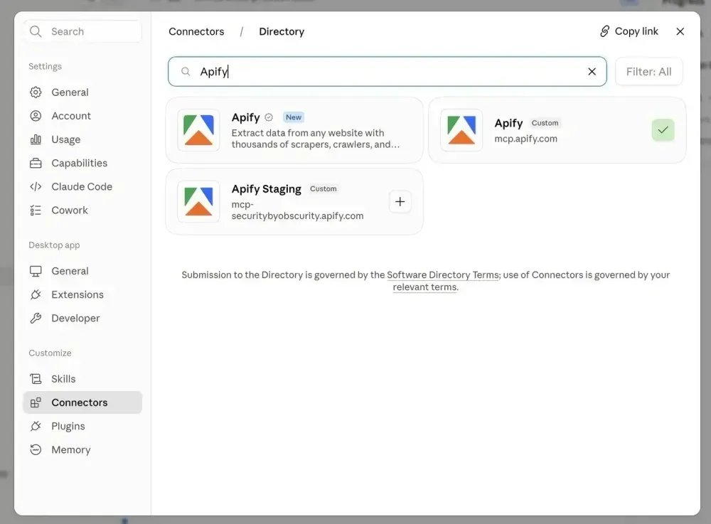 Adding Apify as a custom connector in Claude