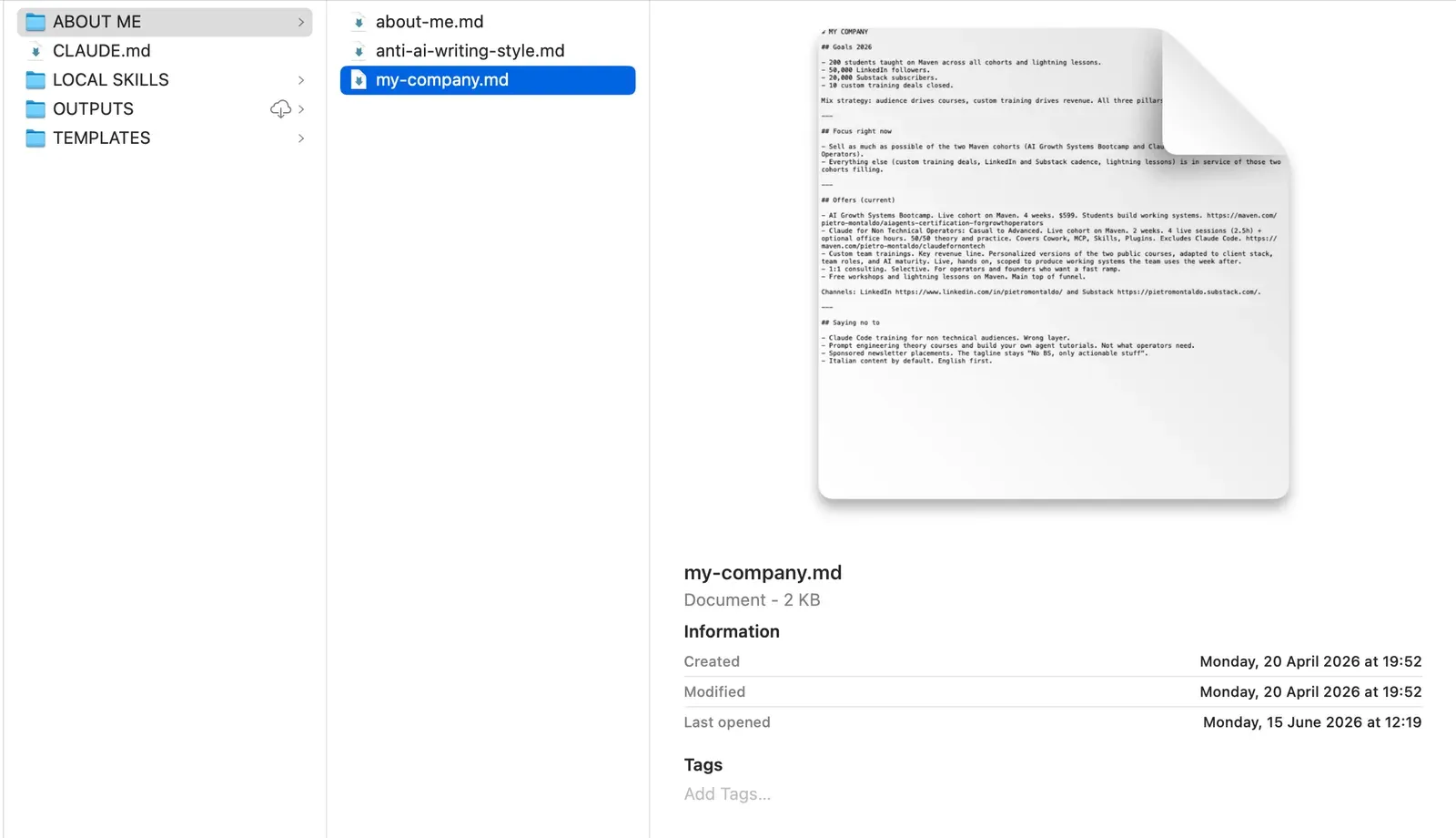 A Cowork working folder with the company context files Claude uses for scoring