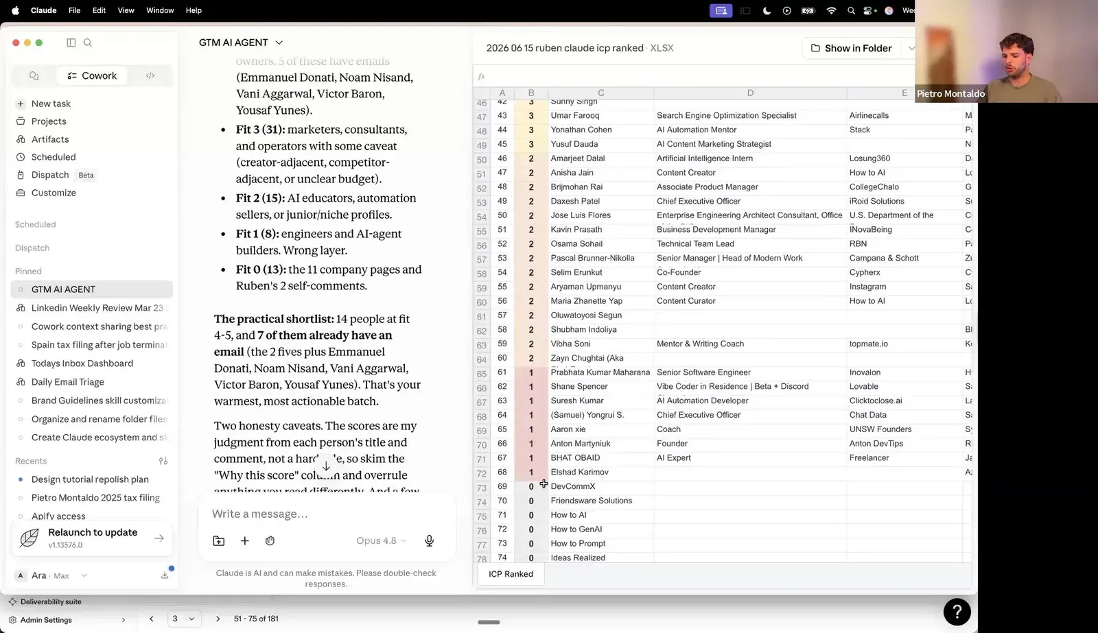 A spreadsheet of LinkedIn commenters scored against the ideal customer profile