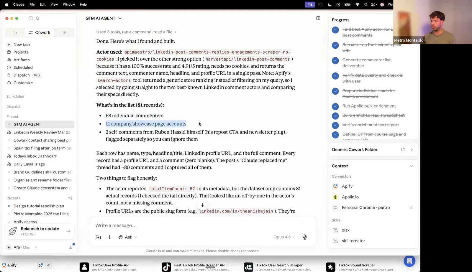 Claude Cowork listing the LinkedIn commenters returned by the Apify Actor