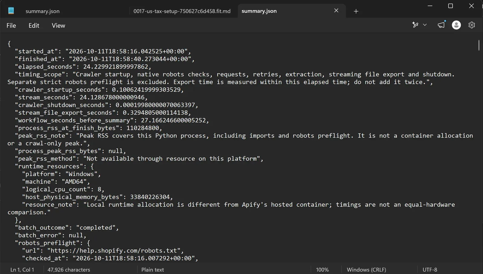 Crawl4AI's summary.json for the second 20-URL run: elapsed_seconds 24.2299