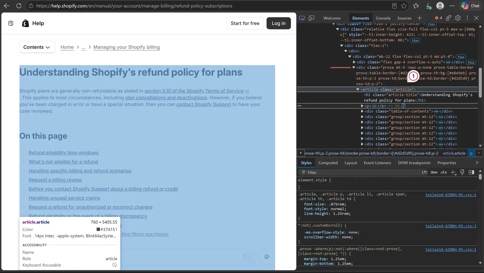 Chrome DevTools open on the Shopify article with the article.article element highlighted
