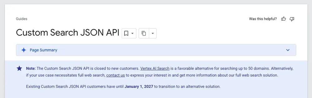 Custom Search JSON API page on Google for Developers with a note that the API is closed to new customers and existing customers have until January 1, 2027 to transition