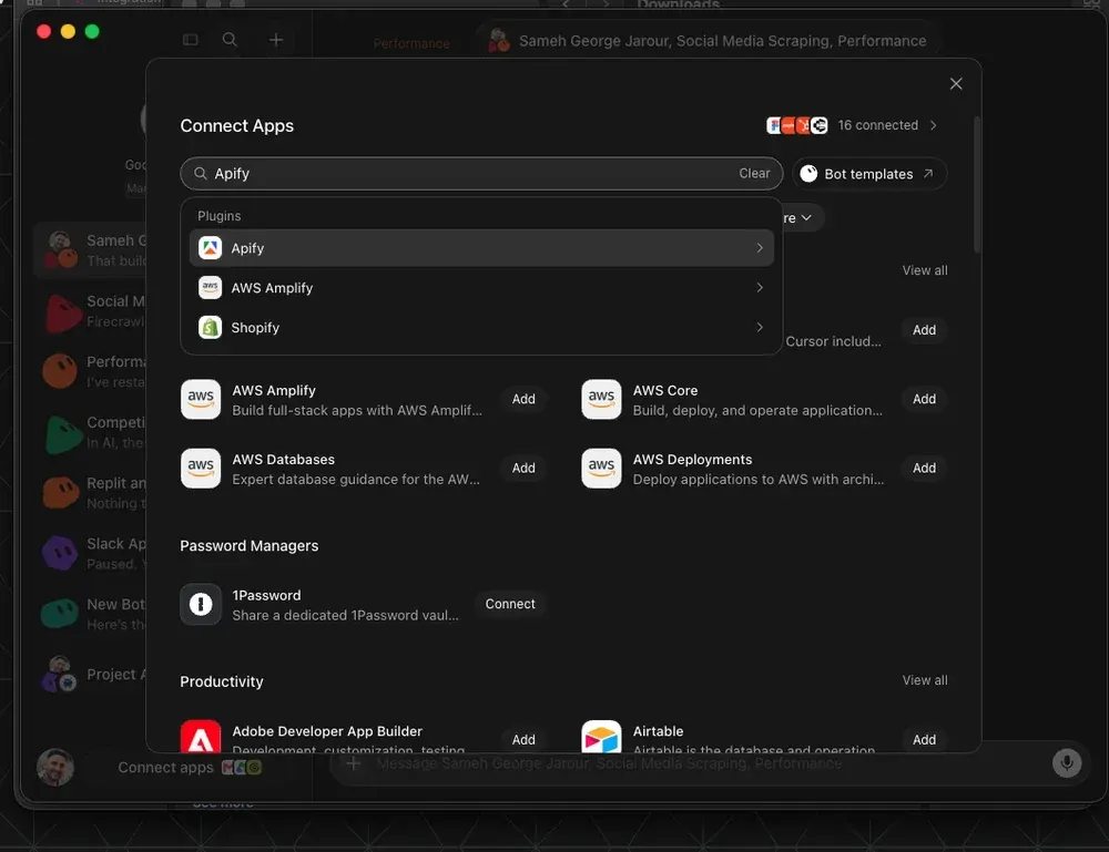 Grok Bot Connect Apps dialog searching for Apify, with the Apify plugin as the first result