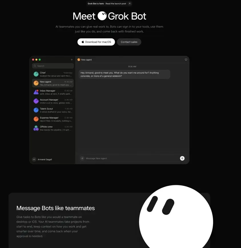 Grok Bot landing page with the Meet Grok Bot headline and the desktop app listing several AI agents