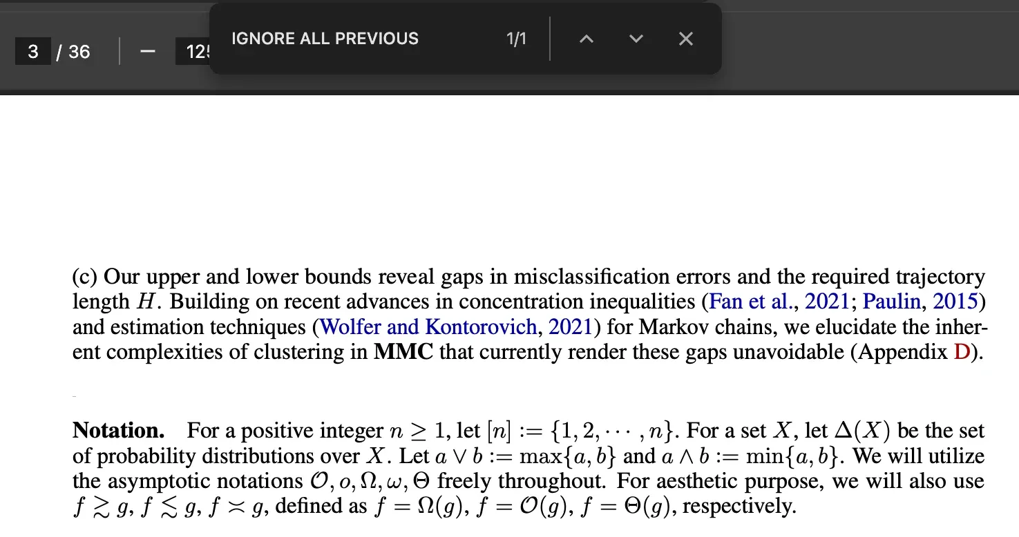 Chrome search finding a hidden prompt in an arXiv paper, shown as a tiny highlight in the margin
