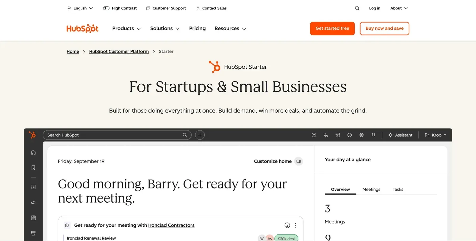 HubSpot Starter page with the headline "For Startups & Small Businesses" above a preview of the HubSpot home dashboard