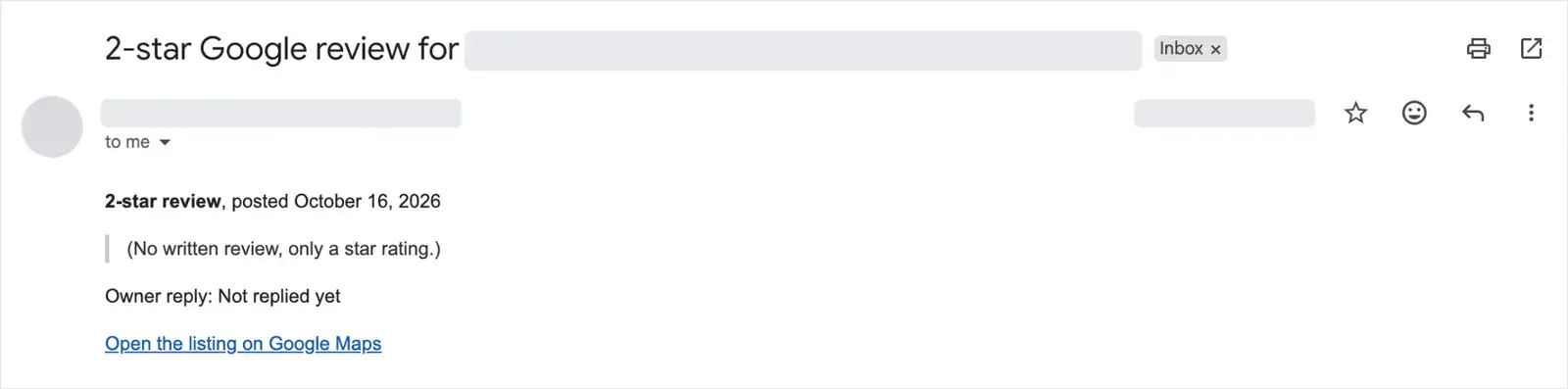Gmail alert for a 2-star Google review with no written text, showing that the owner hasn't replied yet and a link to open the listing on Google Maps