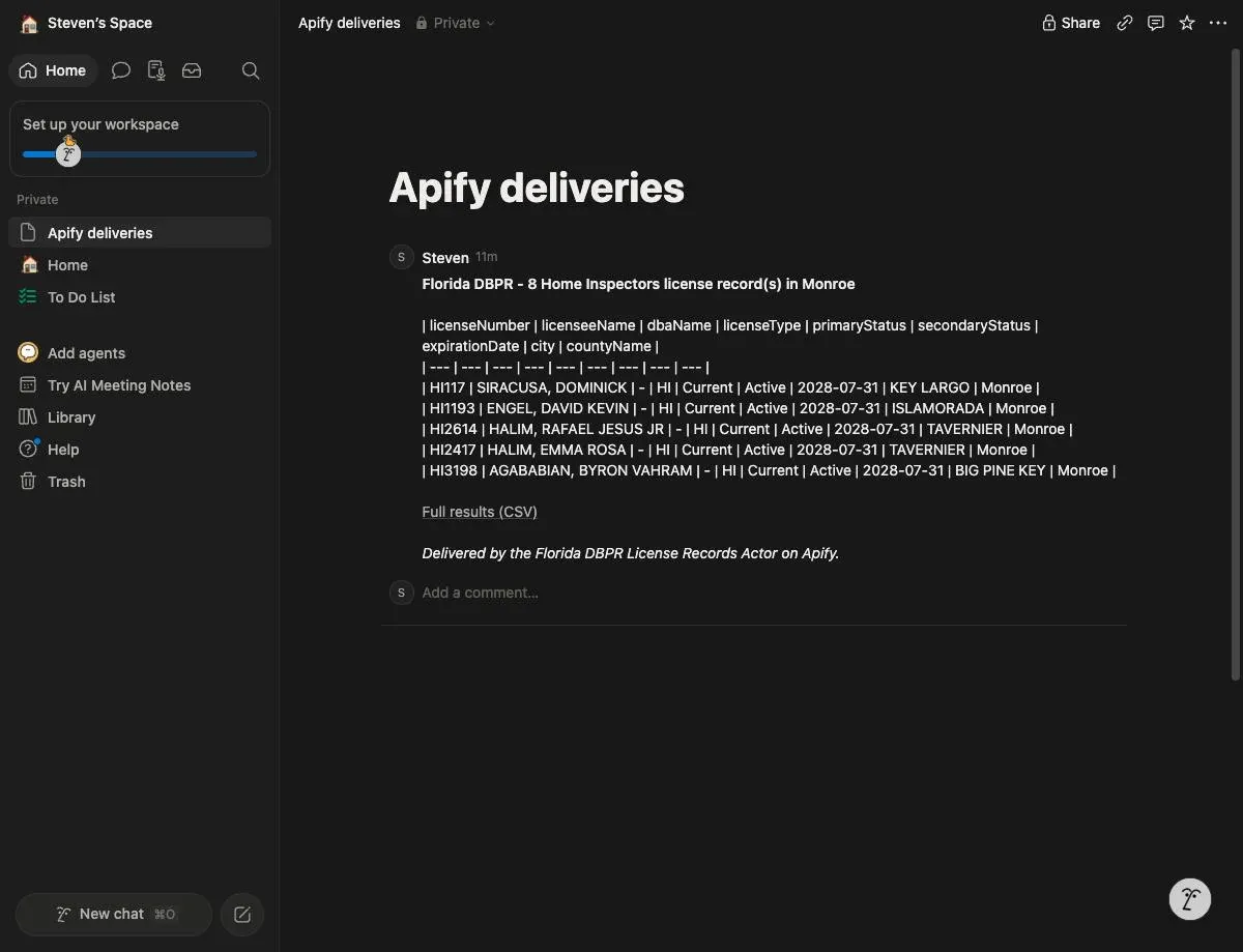 Notion page "Apify deliveries" with a comment from the Actor listing 5 Florida home inspector license records as a Markdown table and a link to the full CSV