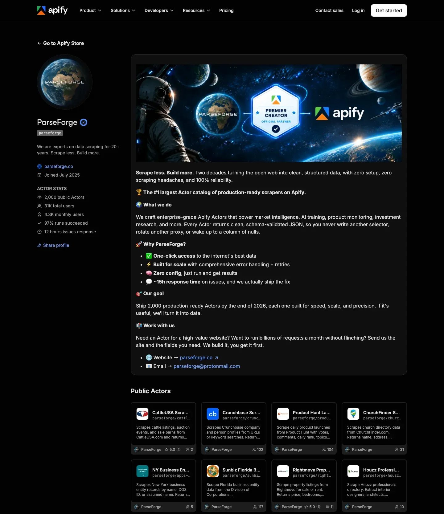 ParseForge's profile on Apify Store showing 2,000 public Actors, 31K total users and a 97% run success rate.