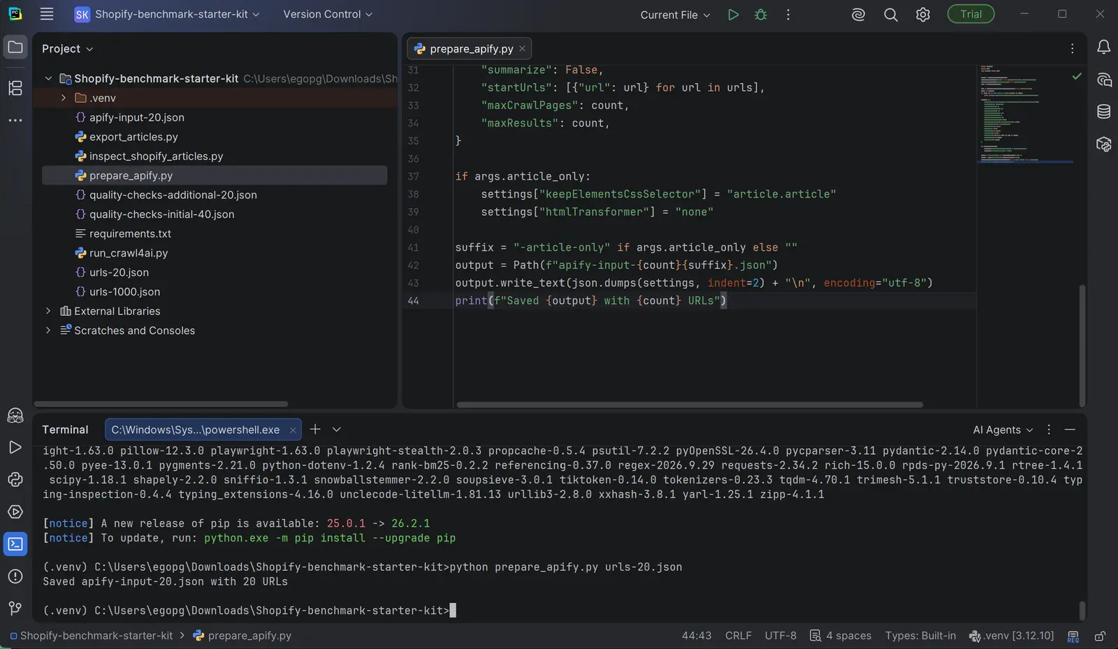 PyCharm showing the prepare_apify script with the --article-only branch visible