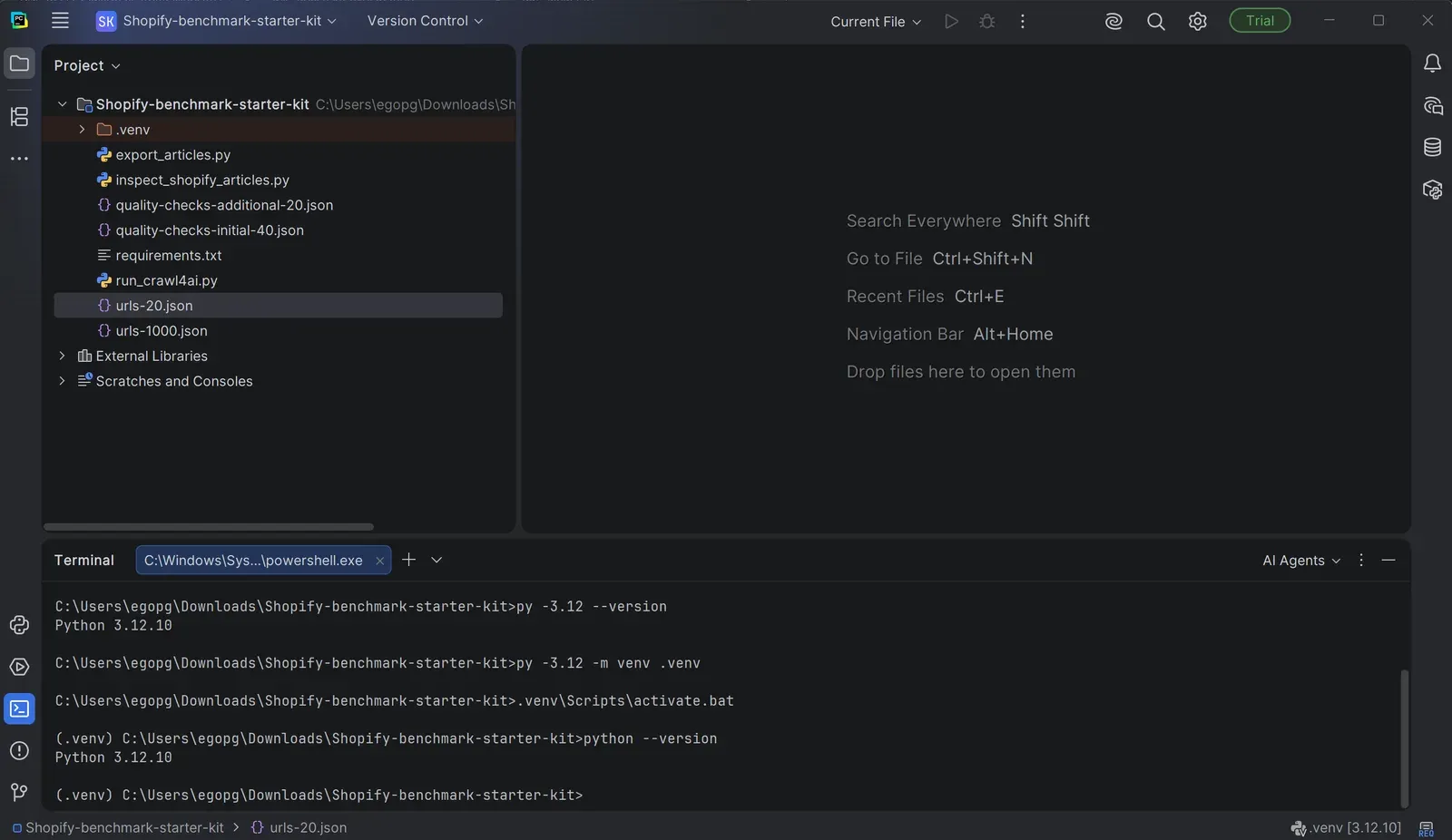 PyCharm with the benchmark project folder open