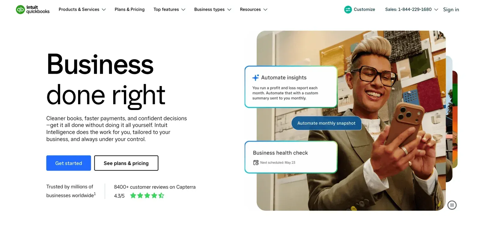 QuickBooks homepage with the headline "Business done right" and Intuit Intelligence cards for automated insights and a business health check