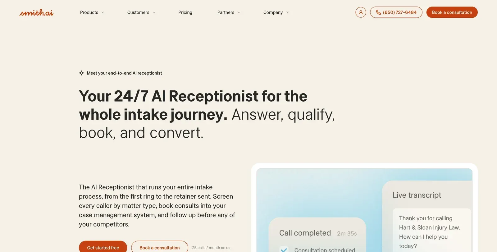 Smith.ai AI Receptionist homepage with the headline "Your 24/7 AI Receptionist for the whole intake journey" and a "Get started free" button for 25 calls a month