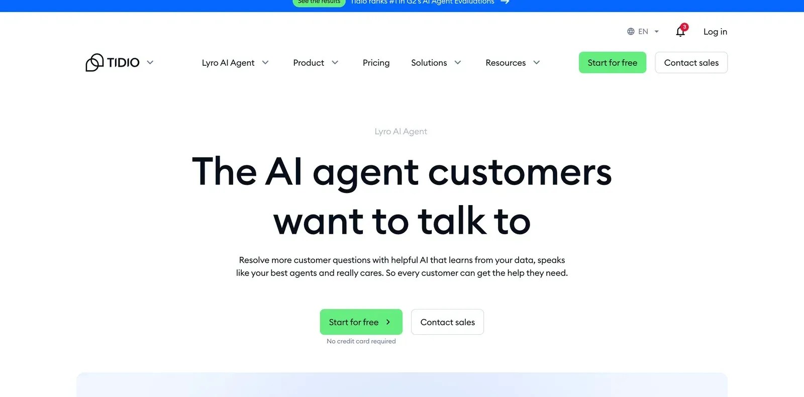 Tidio Lyro AI Agent page with the headline "The AI agent customers want to talk to" and a "Start for free" button