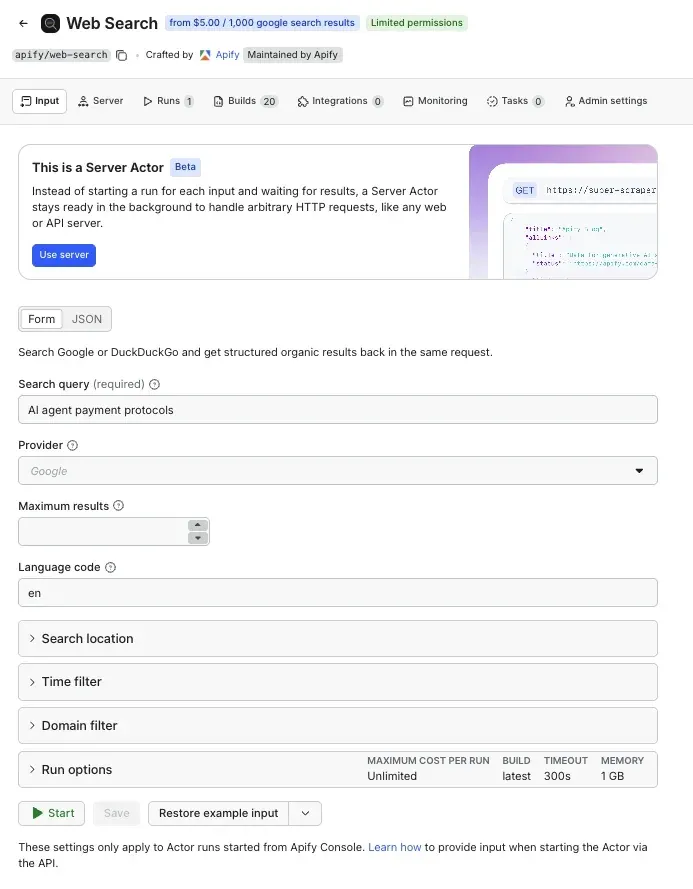Web Search Actor input form in Apify Console with a search query, Google as the provider, and the language code set to en