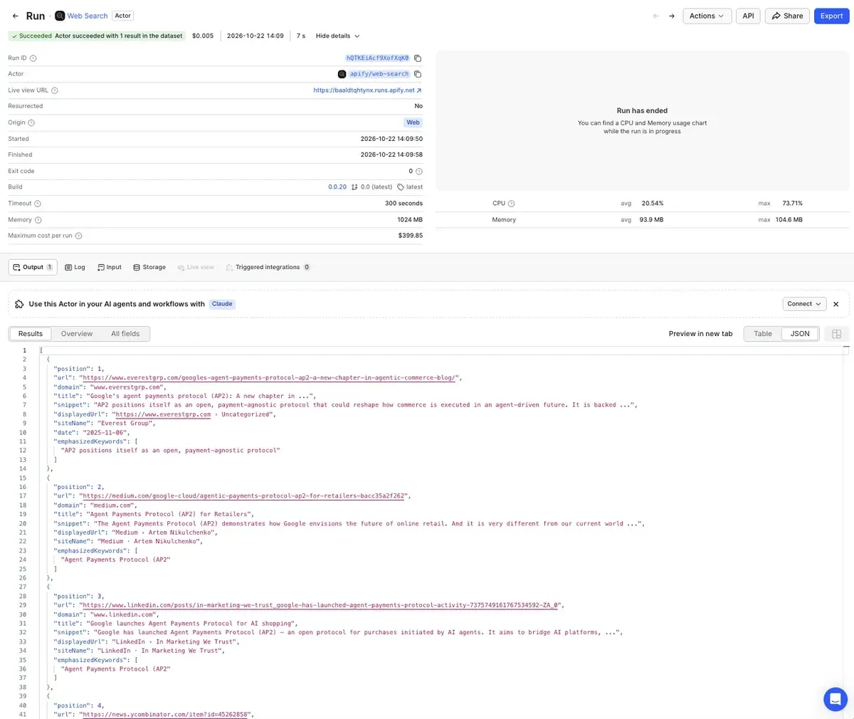 Successful Web Search run in Apify Console that took 7 seconds, with the organic Google results shown as JSON