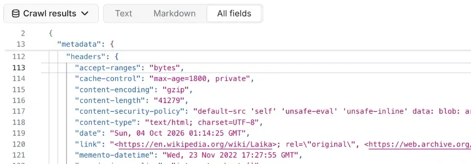 Website Content Crawler result in Apify Console with the memento-datetime capture time of a Wayback Machine copy