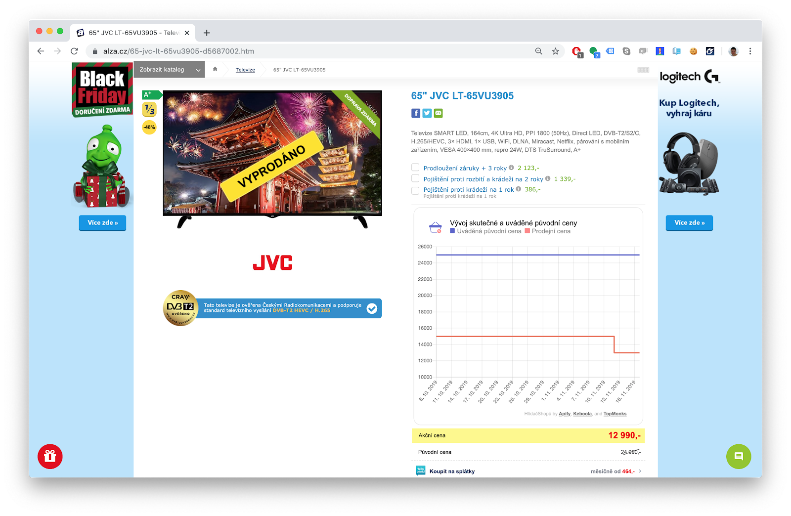 snímek obrazovky televize ve výprodeji na webu alza.cz z 24990 Kč na 12990 Kč