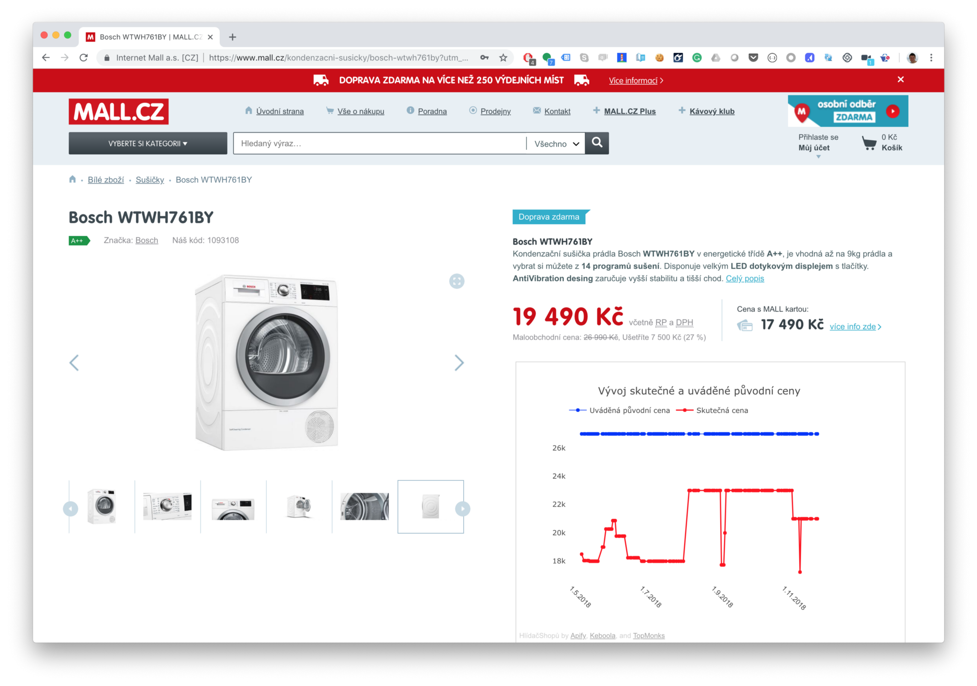 snímek obrazovky sušičky ve výprodeji na webu mall.cz z 26990 Kč na 19490 Kč