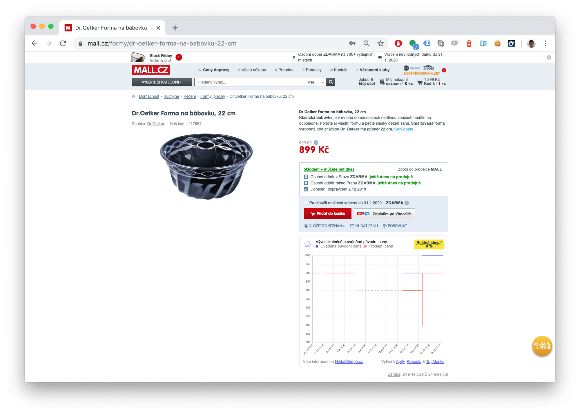 snímek obrazovky formy na bábovku ve výprodeji na webu mall.cz z 999 Kč na 899 Kč