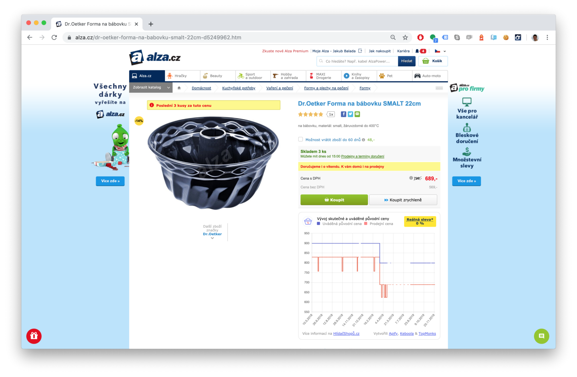 snímek obrazovky formy na bábovku ve výprodeji na webu mall.cz z 799 Kč na 689 Kč