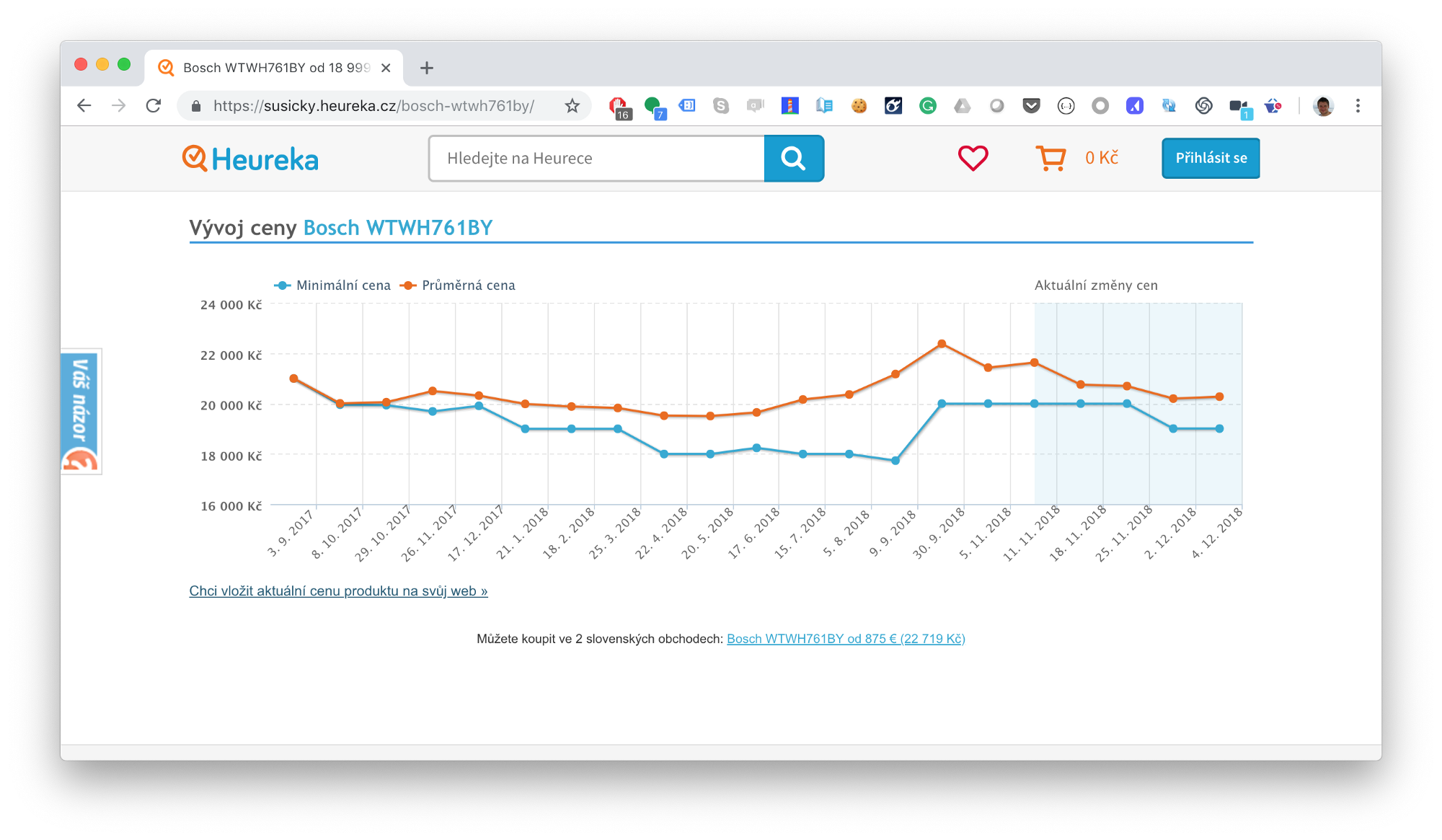 graf zobrazující cenový vývoj sušicky na heureka.cz