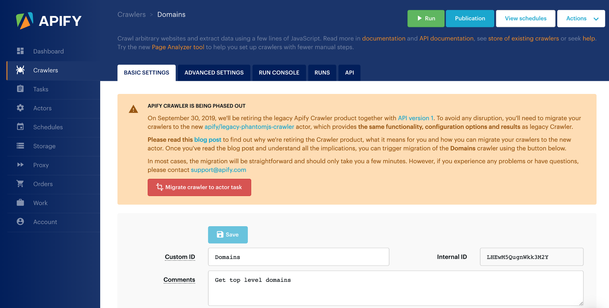 screenshot of a warning saying the Apify Crawler is being phased out in Crawler settings