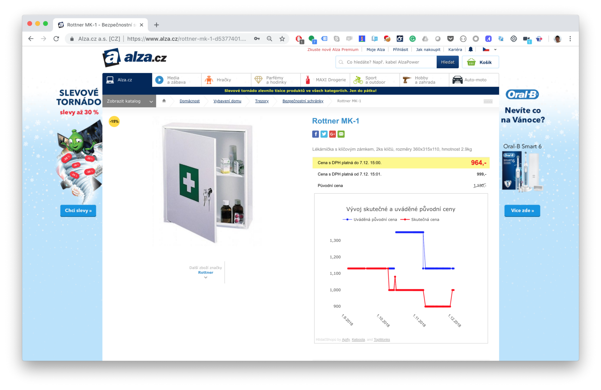snímek obrazovky bezpečnostní schránky ve výprodeji na webu alza.cz z 1130 Kč na 964 Kč