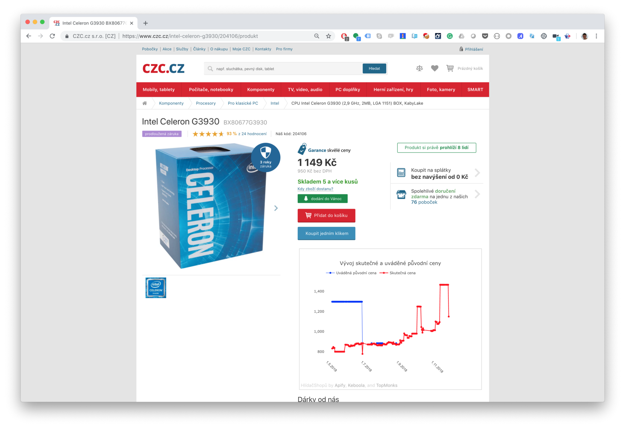 snímek obrazovky procesoru, který se prodáva za cenu 1149 Kč na webu czc.cz