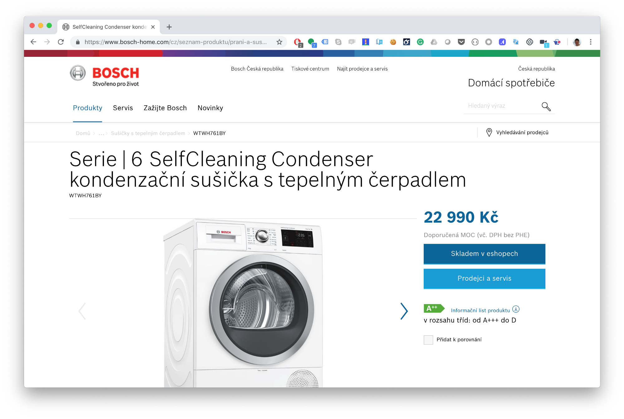 snímek obrazovky sušičky, která se prodáva za cenu 22990 Kč na webu bosch-home.com