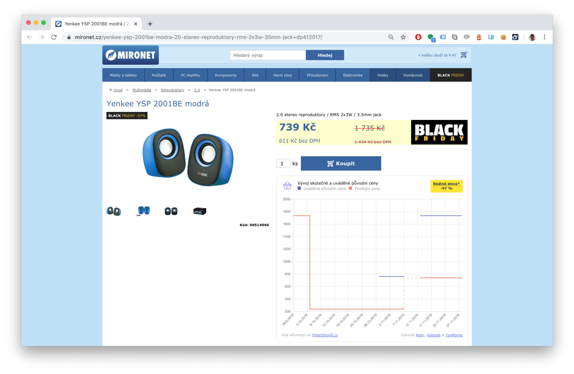 snímek obrazovky reproduktorů ve výprodeji na webu mironet.cz z 1735 Kč na 739 Kč