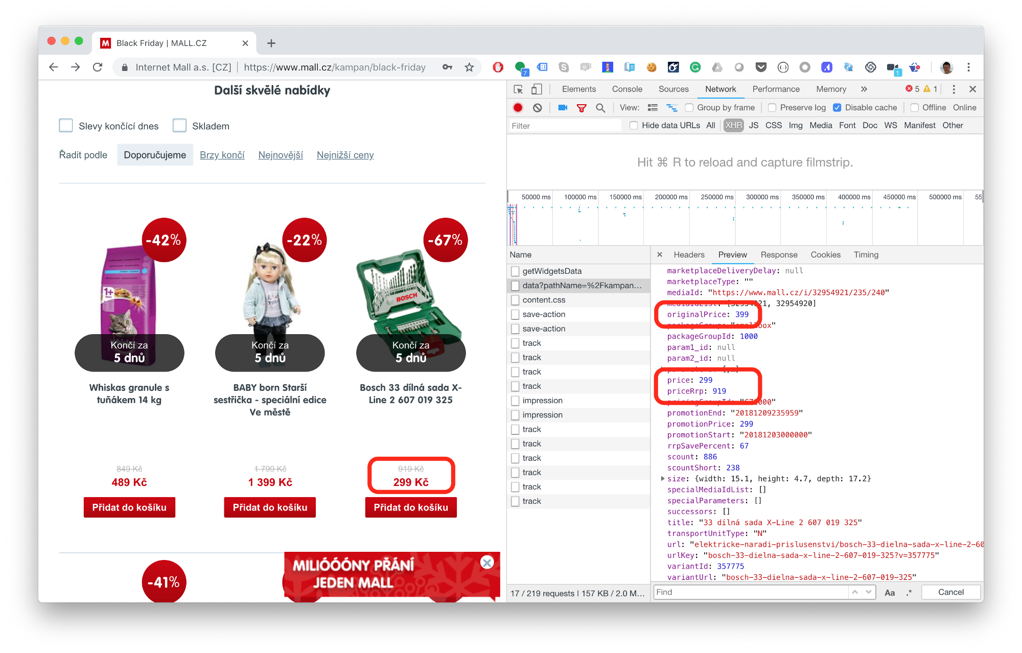 snímek obrazovky zobrazující HTML strukturu mall.cz s původními cenovkami