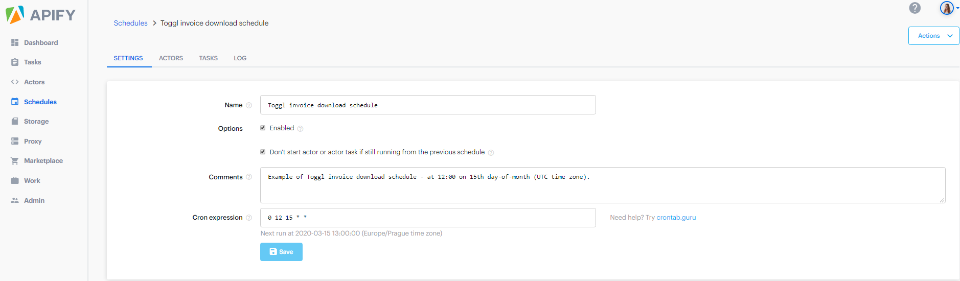 screenshot of a filled out Schedules settings tab