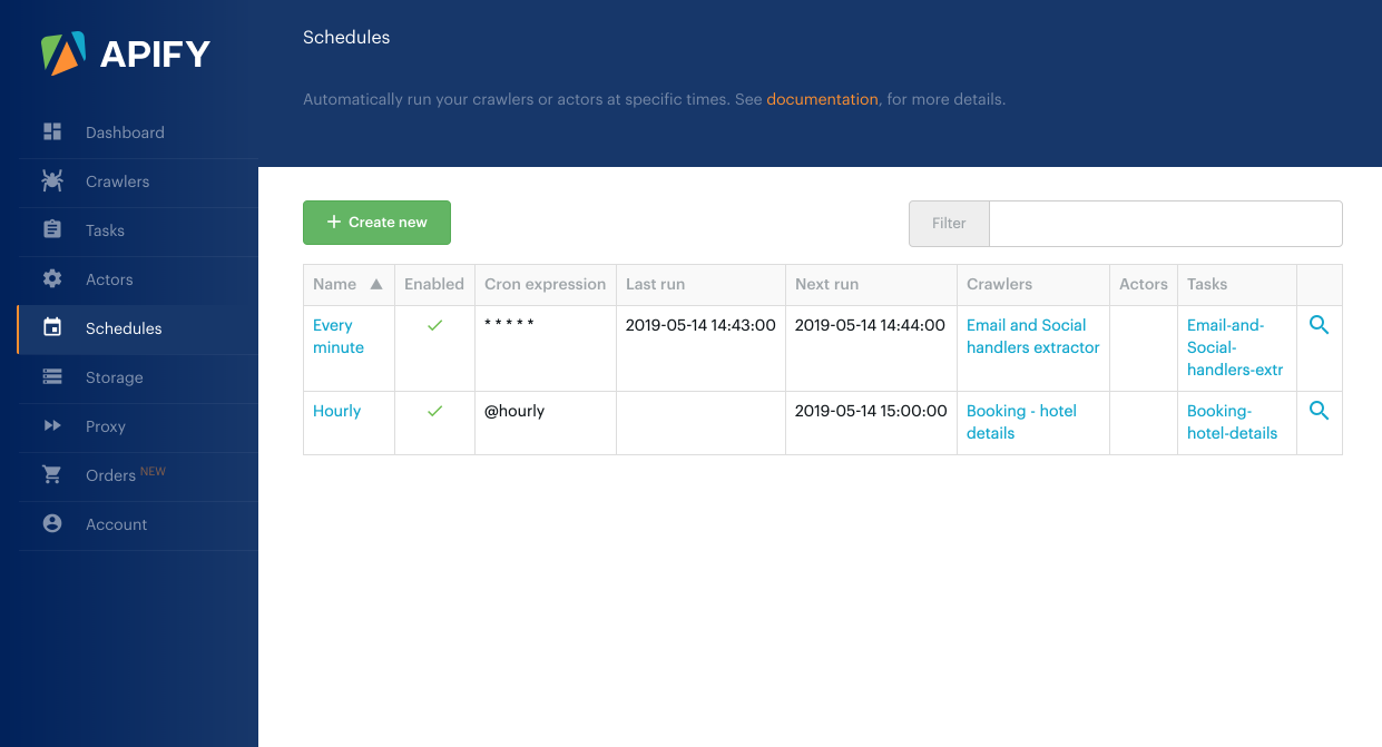 screenshot of the Schedules tab with a list of schedules
