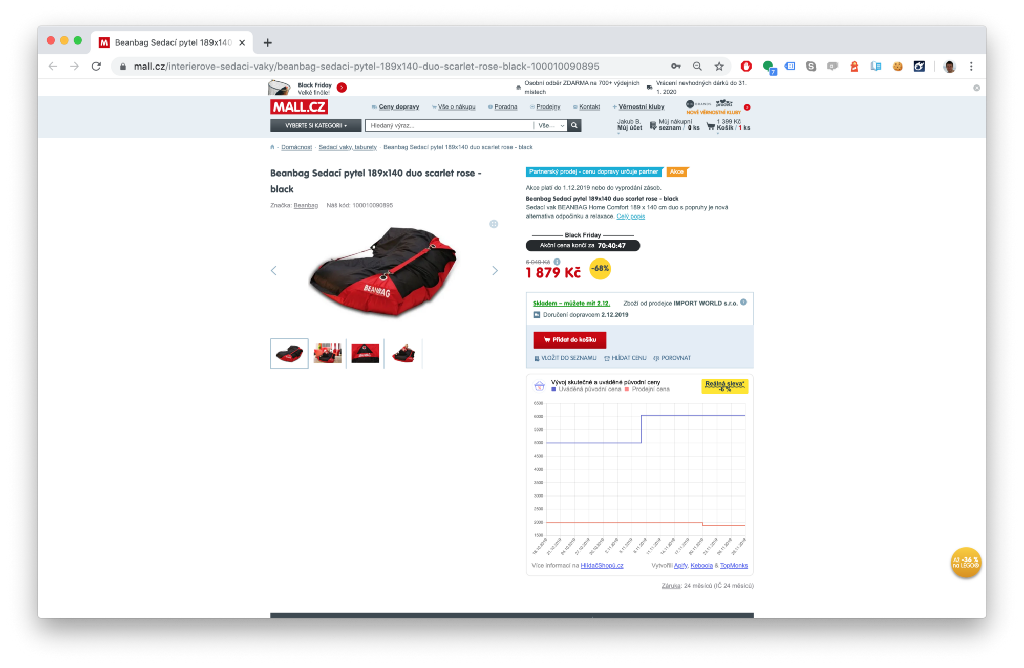 snímek obrazovky sedacího pytlu ve výprodeji na webu mall.cz z 6049 Kč na 1879 Kč