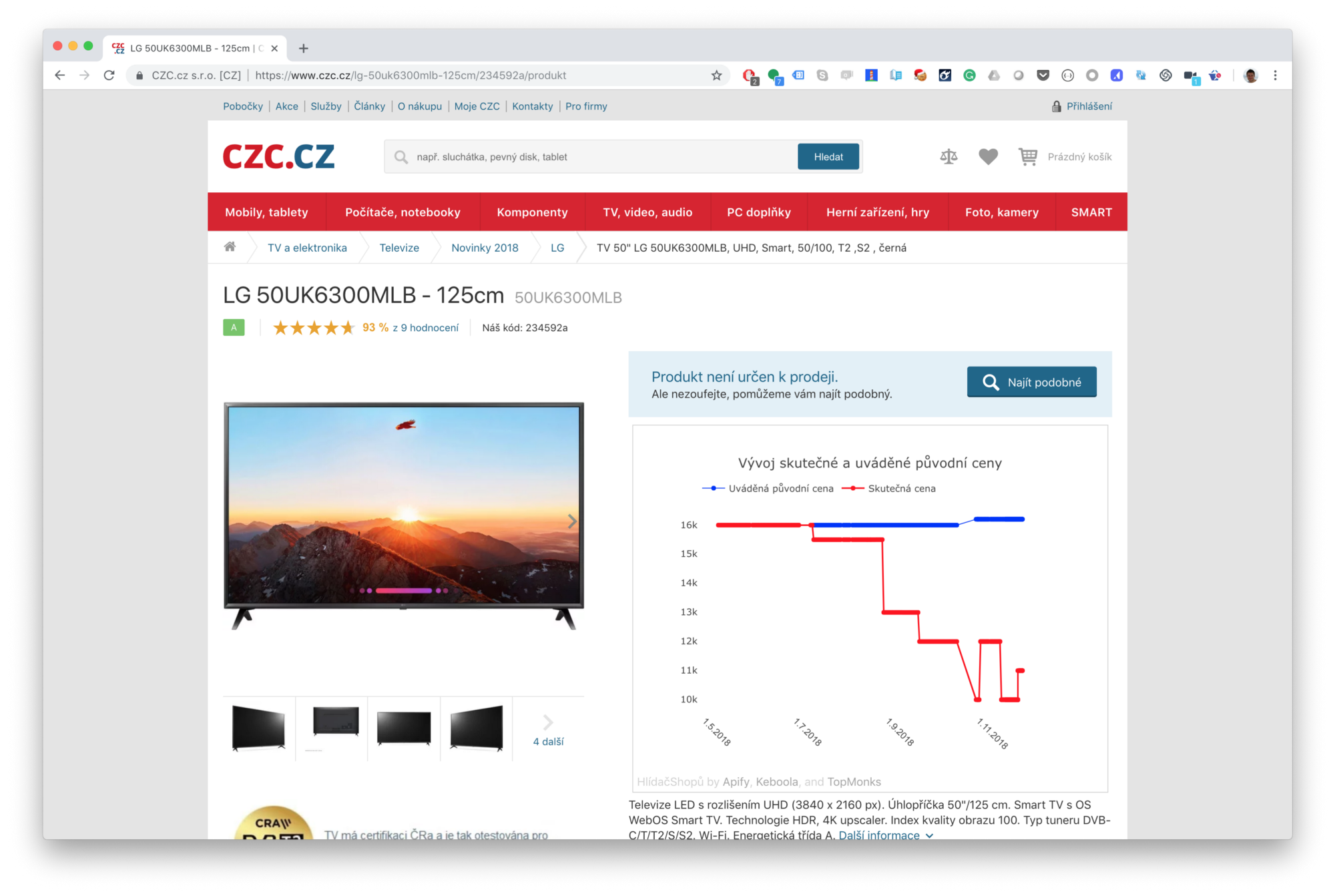 snímek obrazovky televize (která se již neprodává) na webu czc.cz