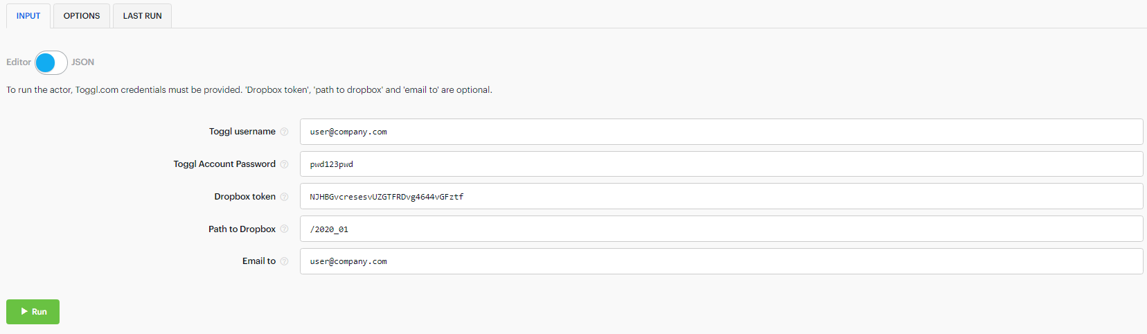 screenshot of an input schema example with a filled out "Path to Dropbox" and "Dropbox token" fields