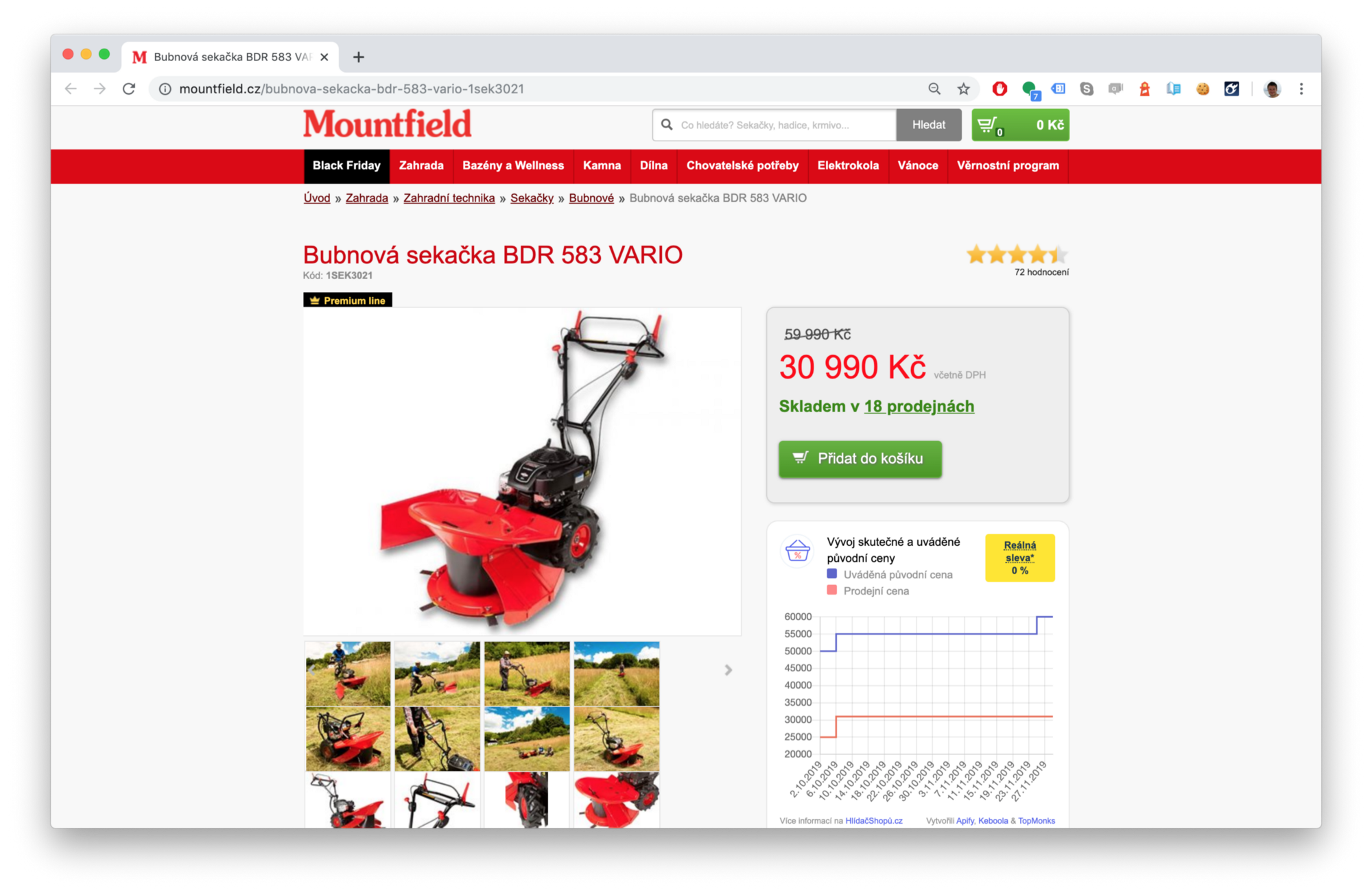 snímek obrazovky bubnové sekačky ve výprodeji na webu mountfield.cz z 59990 Kč na 30990 Kč