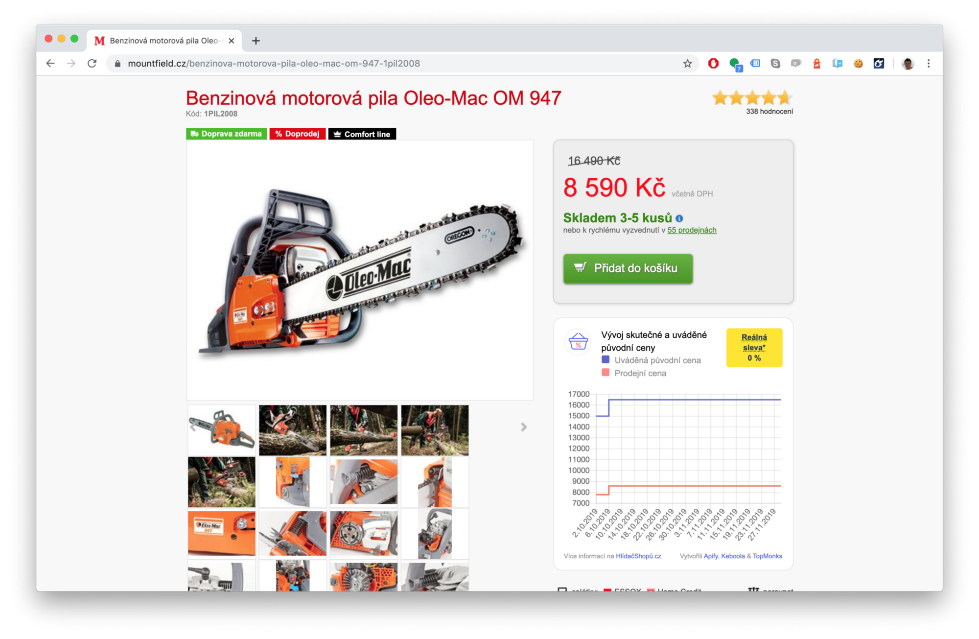 snímek obrazovky motorové pily ve výprodeji na webu mountfield.cz z 16490 Kč na 8590 Kč