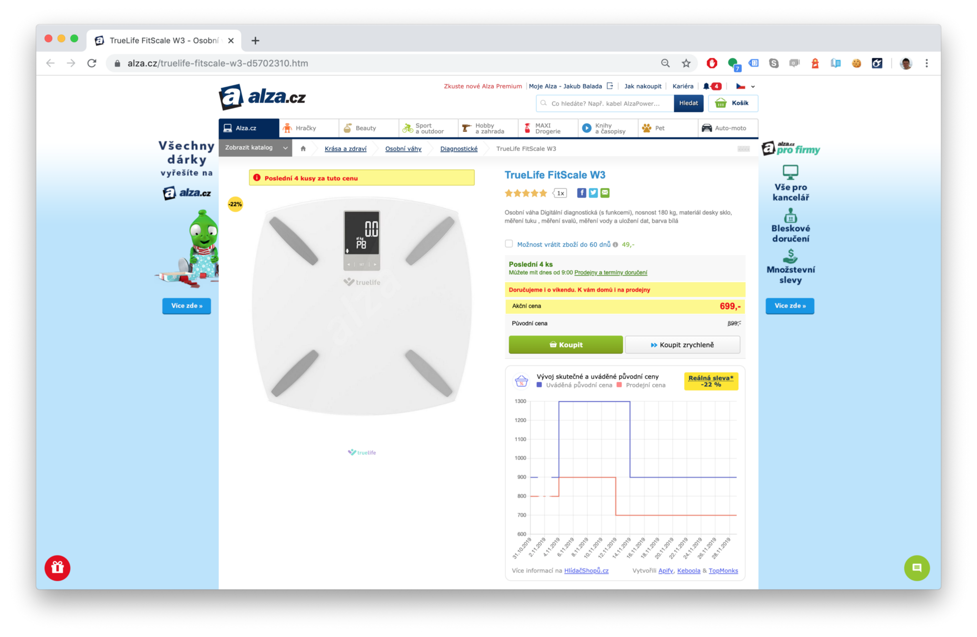 snímek obrazovky osobní váhy ve výprodeji na webu alza.cz z 899 Kč na 699 Kč