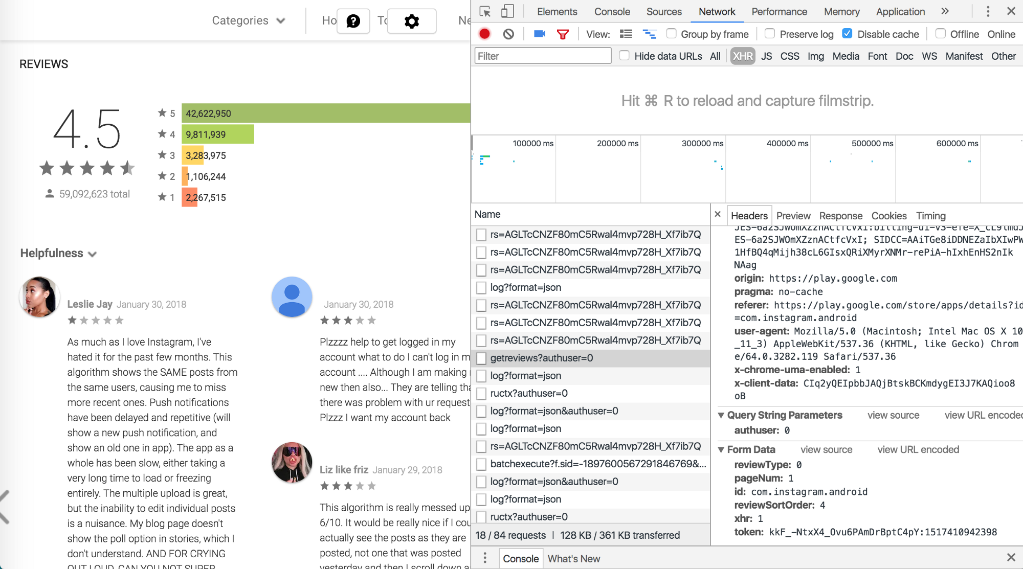 Inspecting the requests of reviews on a website using the developer tools.