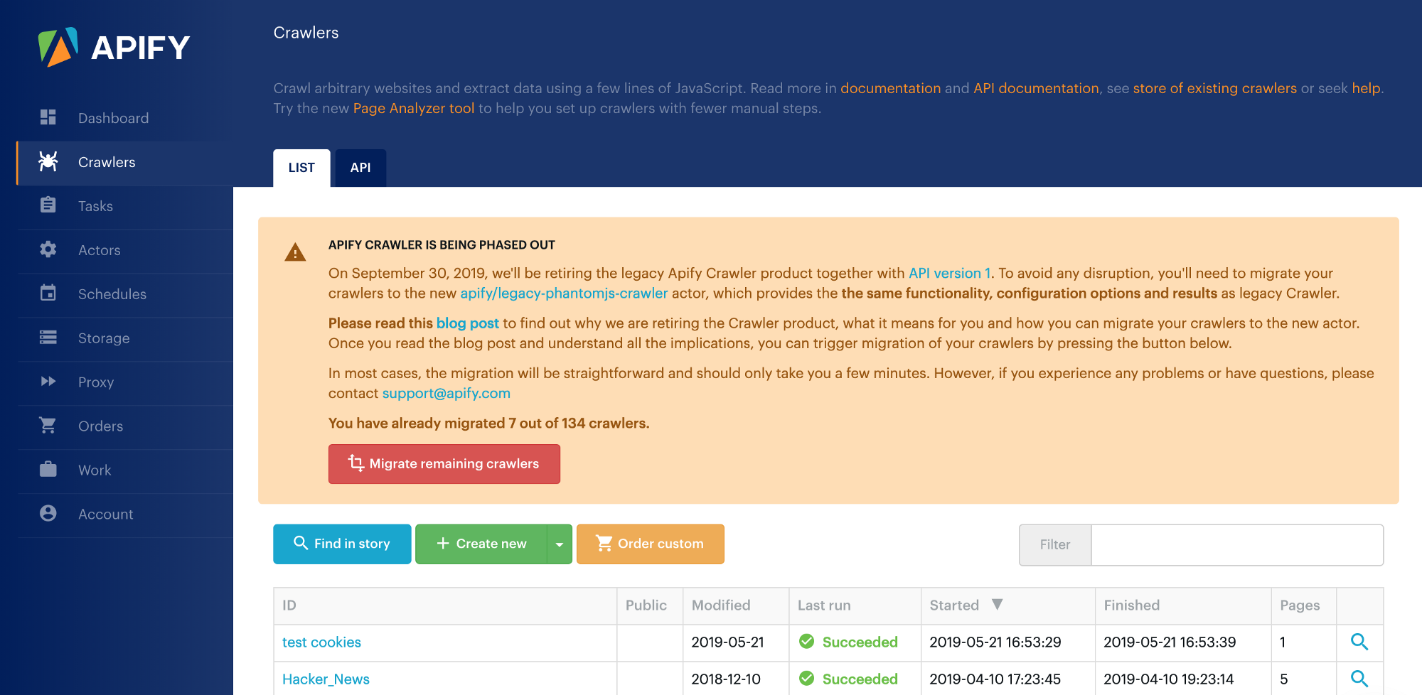 screenshot of a warning saying the Apify Crawler is being phased out in the Crawlers menu