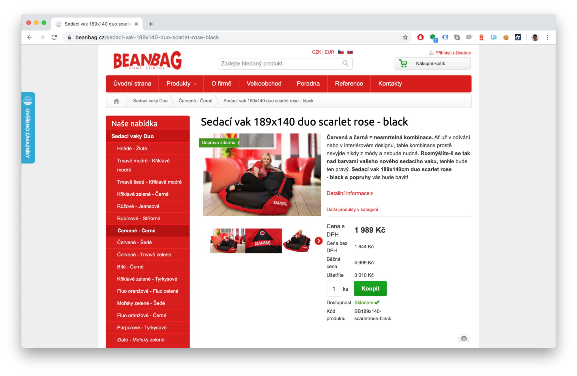 snímek obrazovky sedacího vaku ve výprodeji na webu beanbag.cz z 4999 Kč na 1989 Kč