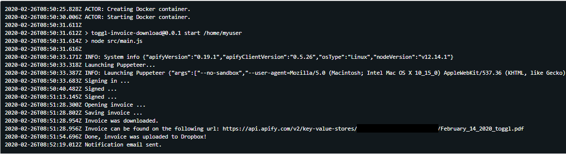 log of the actor run