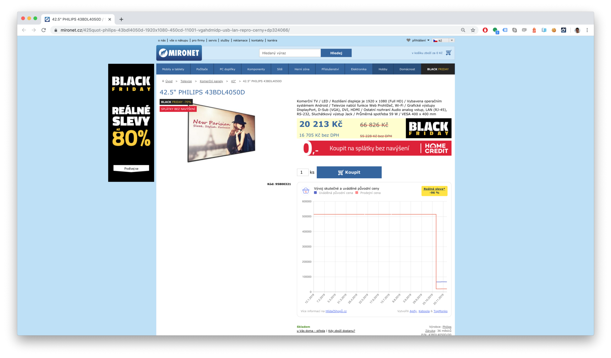 snímek obrazovky televize ve výprodeji na webu mironet.cz z 66826 Kč na 20213 Kč